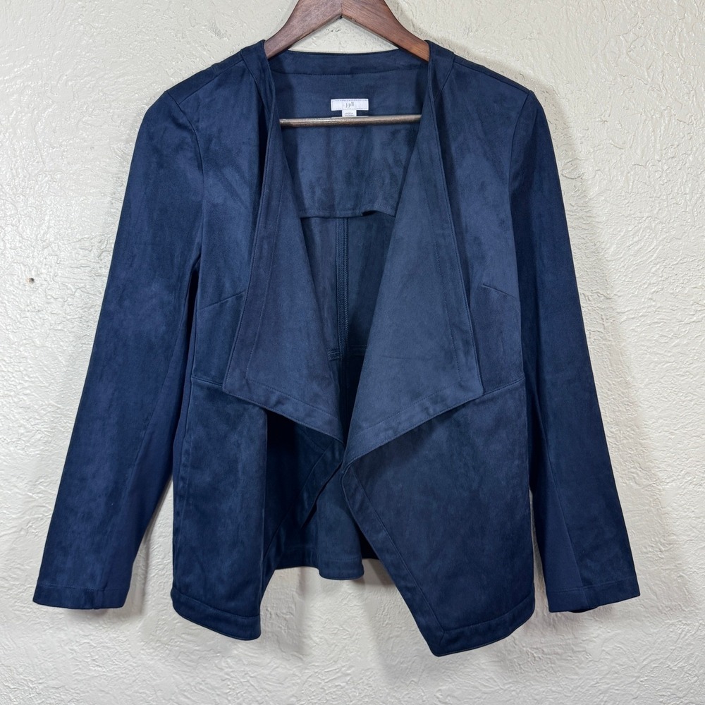 J Jill Cropped Jacket MP Navy Open Draped Faux Suede Moto Old Money Minimalist